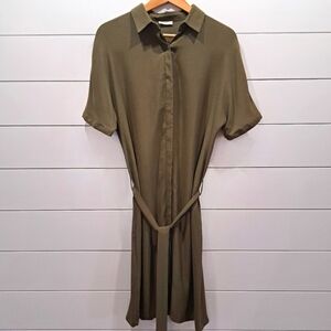 NAIF Montreal Olive Green Midi-Length Classic Minimalist Preppy Shirt Dress M